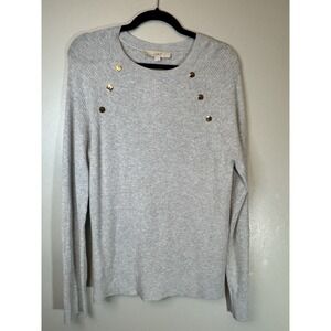 NWT LOFT New England Style LS Grey Sweater With Gold Button Accents Size XL